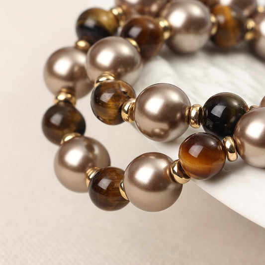 Maillard Tone Women's Autumn & Winter Necklace featuring Natural Tiger Eye Stone and Imitation Pearl Beads. Handmade Jewelry Gift perfect for the season. From Maillard Tone's Autumn & Winter Collection.