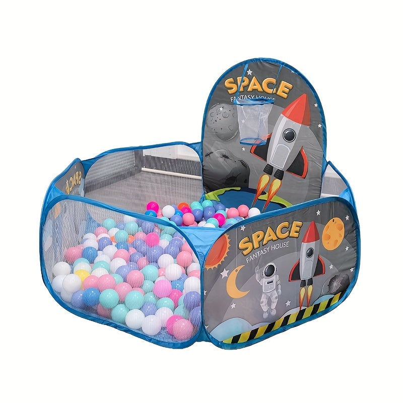 Durable blue polyester ball pool tent with space-themed design, foldable and portable for indoor fun, perfect for boys and girls.