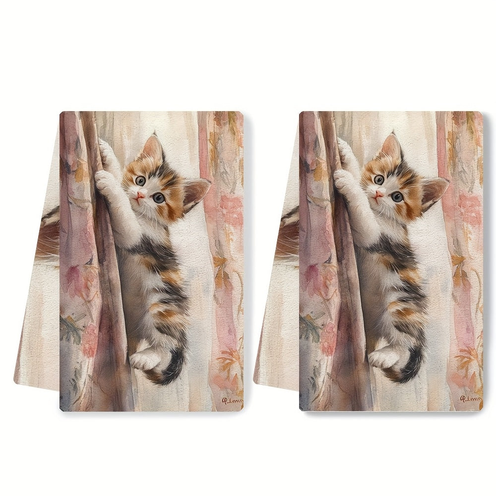 Two pieces of ultra soft kitchen towels featuring an adorable kitten climbing curtains design. These highly absorbent and machine washable dish hand towels also showcase a contemporary floral pattern. Ideal for home decor, these towels measure