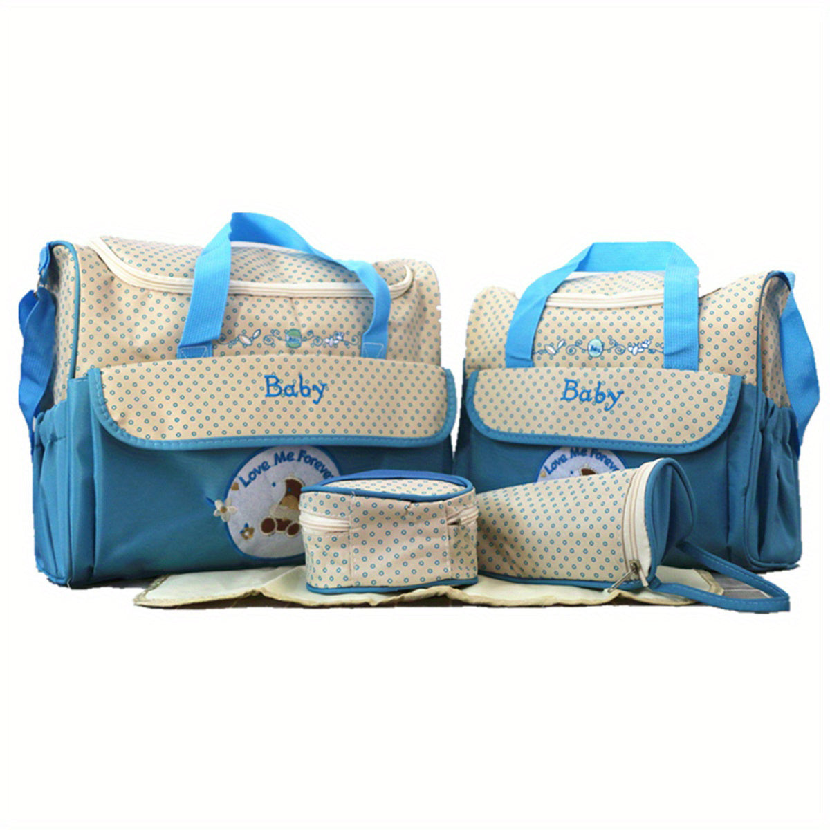 5-piece Mommy Bag Set including a Large Bag, Small Bag, Bottle Cover, Milk Powder Bag, and Diaper Pad. This multi-functional set features a large-capacity shoulder bag with a slant cross design, perfect for moms on-the-go with baby essentials.