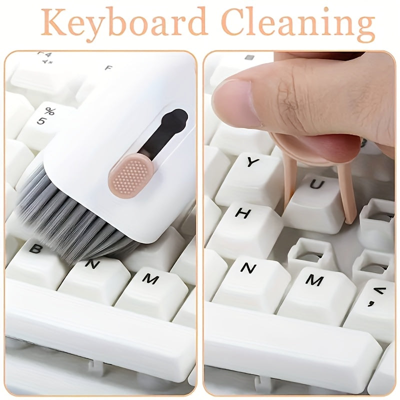 One-piece 7-in-1 cleaning kit for wireless headphones, earplugs, keyboards, laptops, and screens. Includes a cleaning pen, brush, and tool for multitasking cleaning needs.