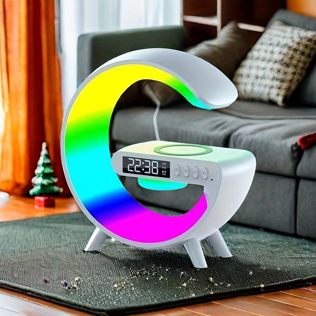 A multifunctional ambient lamp with wireless charging, sound system, RGB LED lights, time display, alarm clock, and TF card playback.