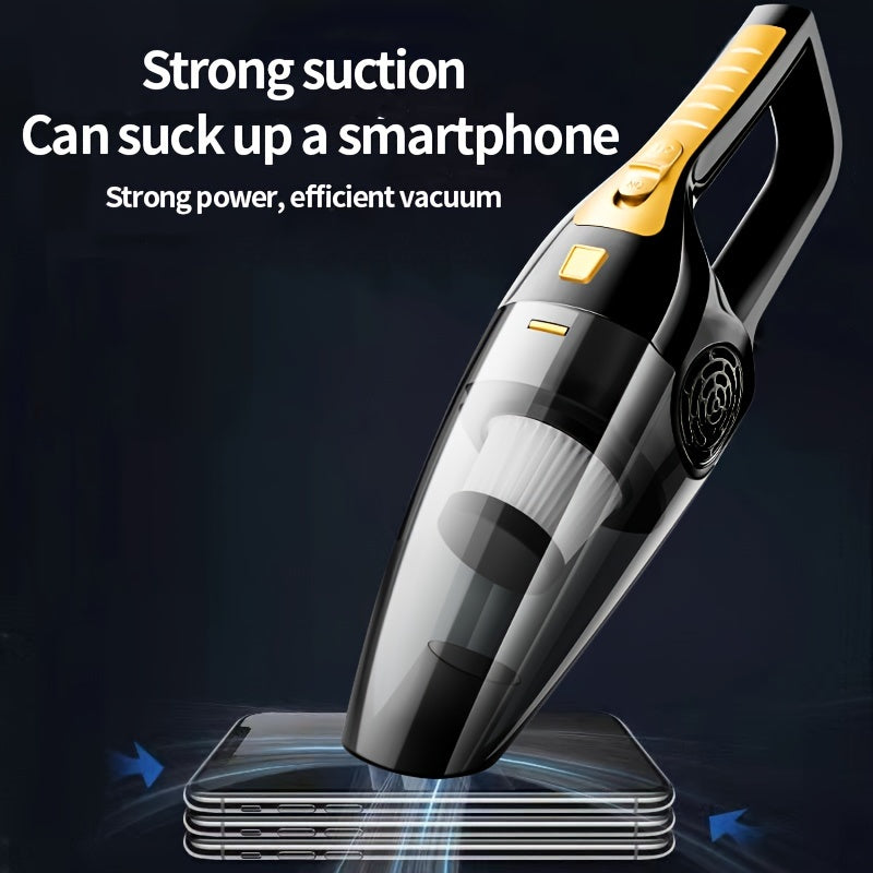 Handheld car vacuum cleaner with 5m cord, 4KPa suction power, 100W, 0.3L dust cup, car plug, one-click dusting, flat nozzle, 60dB noise level - no battery needed.