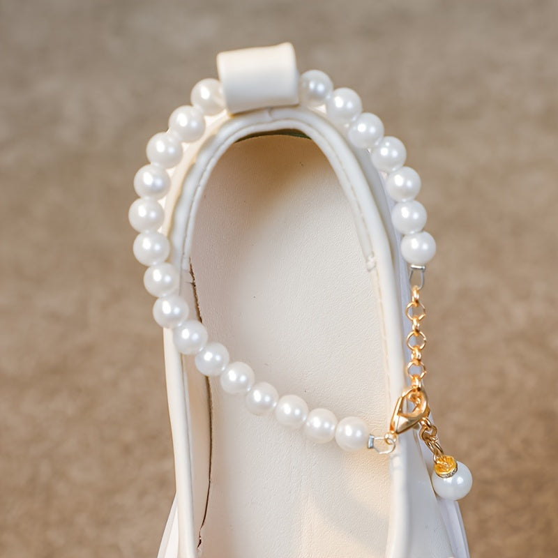 Stylish Mary Jane flats for girls feature pearl and bow accents, perfect for parties and casual wear in spring and fall.