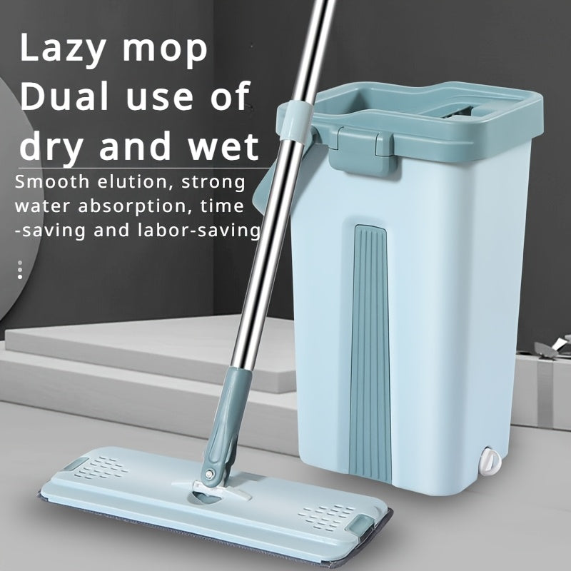 Lazy Mop Flat Floor Mop Set with Reusable Pads - Includes 6 Pieces, Dual Wet and Dry Mopping System, Ergonomic Design, Self-Wringing Bucket - Ideal for Living Room, Bedroom, Bathroom, Toilet, Kitchen