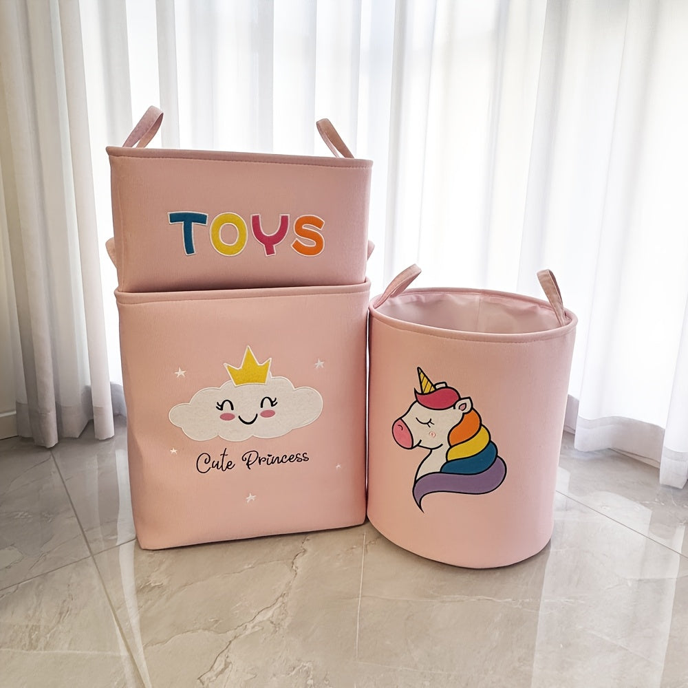 Stylish pink embroidered storage basket for girls. Great for organizing toys, clothes, and desks.