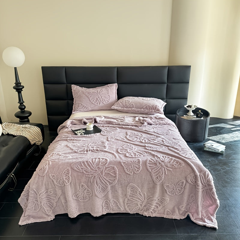 Soft and comfortable butterfly jacquard nap blanket available in milky white, camel, pink, green, purple, brown, gray, and blue gray. Perfect for use in the office, on the sofa, in the living room, or in the car.