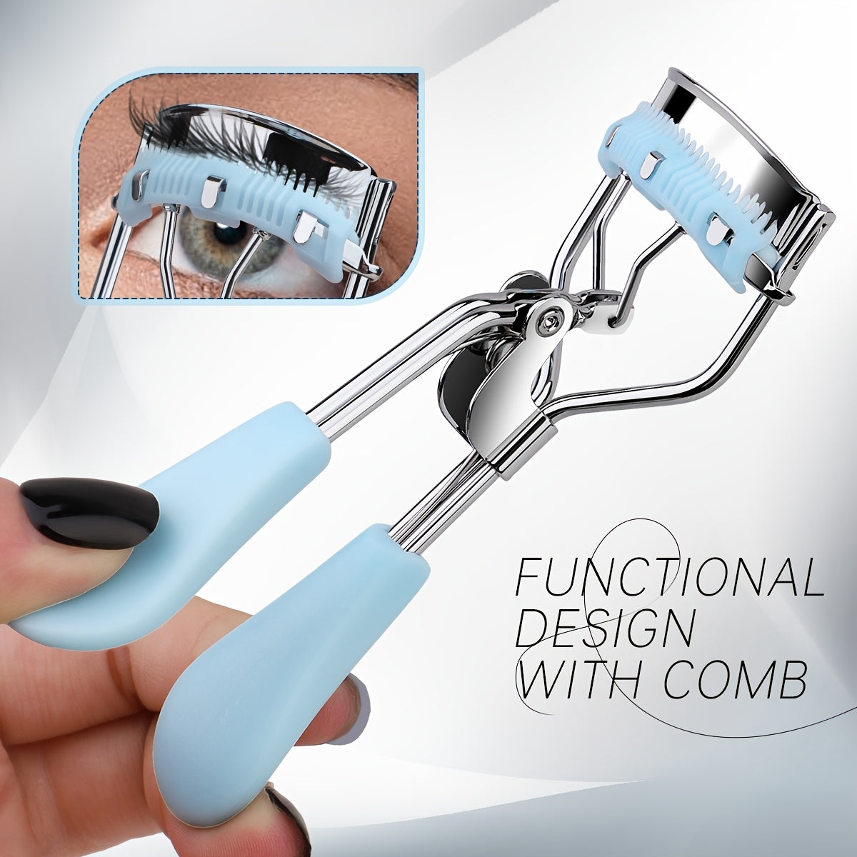 Compact eyelash curler with stainless steel curler and comb for lasting curl, ideal for daily use to enhance lashes.