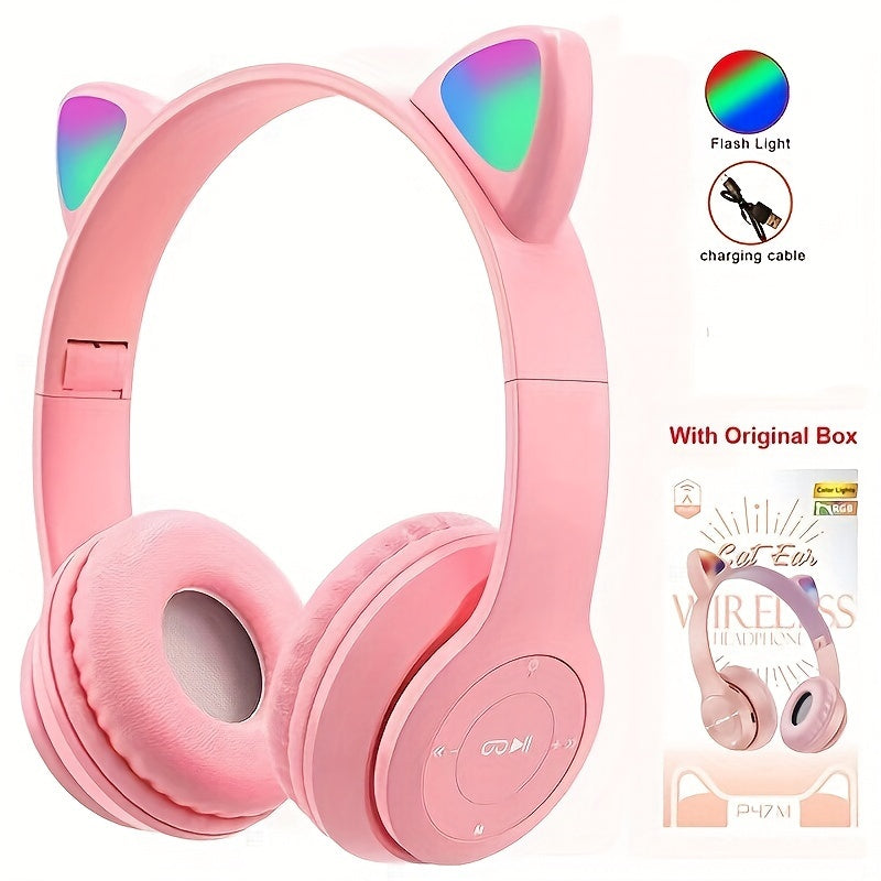 Anime cat ear wireless headphones with LED lights, microphone, rechargeable battery, 3.5mm jack, push button volume control. Compatible with cellphones, non-waterproof. Ideal for cycling