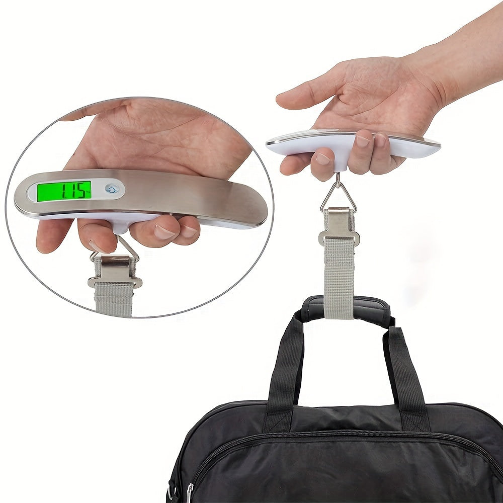 Portable LCD digital luggage scale with a 110lbs/50kg capacity and steelyard hook for travel and fishing.