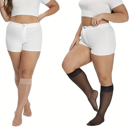 6 pairs of plus size sheer knee high socks for women in black, light brown, and dark brown. Features stretchy ribbed texture and comfortable fit, perfect for everyday wear.