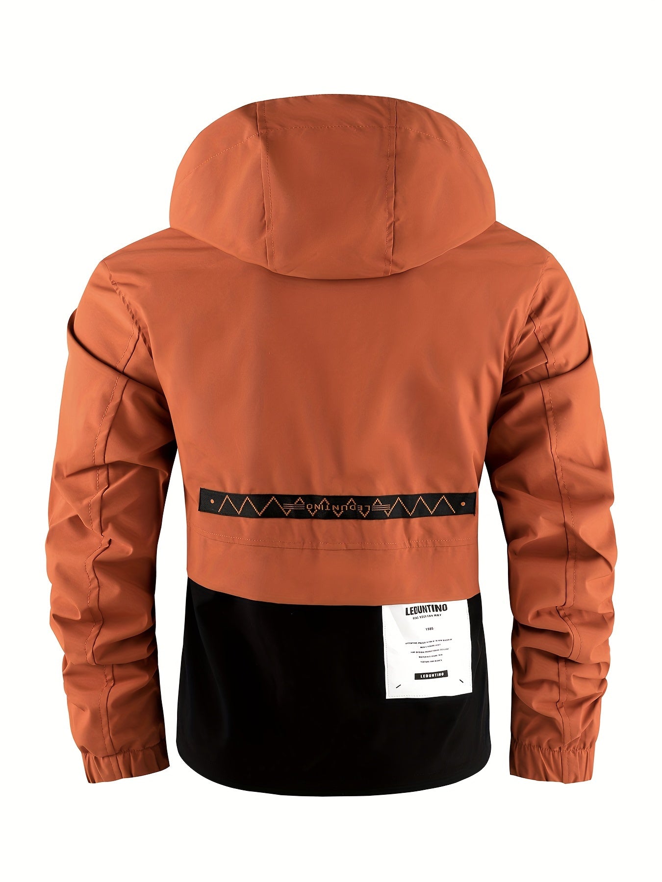 Men's hooded jacket for spring and autumn with windproof and warm features, detachable hat, multi-pocket cargo design, zipper closure, color block style, and leisure look.