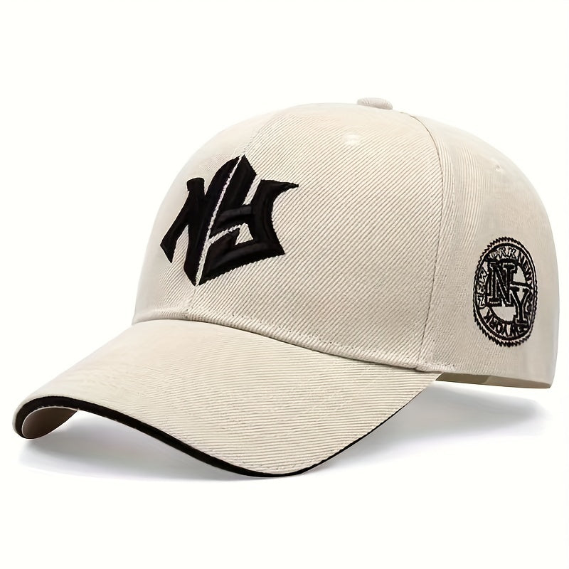 Men's embroidered trucker cap made of 100% polyester with alphabet pattern. Features adjustable fit and soft stretch fabric filled with polyester fiber.