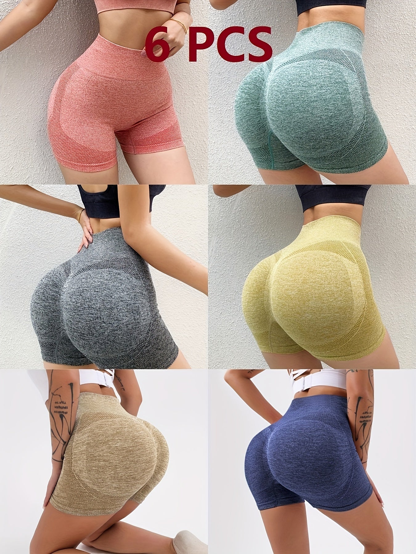 High-waisted tummy control yoga shorts with peach lift, butt lifter, made of knit polyester fabric, solid color, lined and comfortable for exercise.