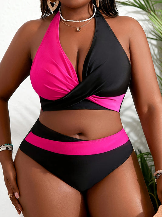 TIDALOLY Plus Size Two-Piece Swimsuit Set for Women - Color Block Bikini with Strapless Top, High Stretch, Removable Pads