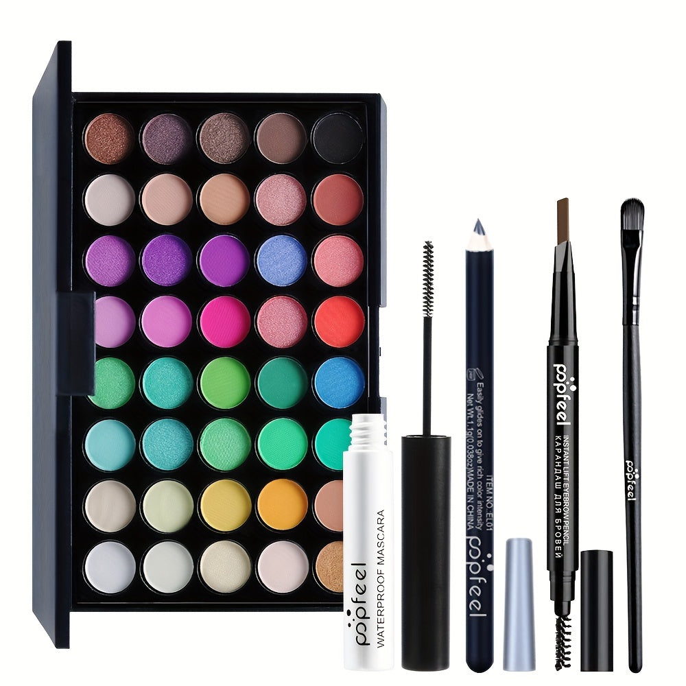 POPFEEL 40-Color Eyeshadow Palette Set in Black Tones with Brushes, Mascara - Portable Eye Makeup Kit