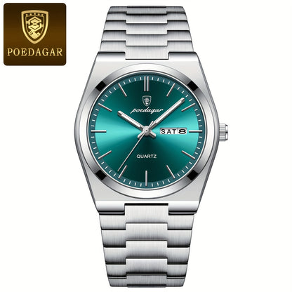 POEDAGAR Men's Luxury Stainless Steel Quartz Watch with Luminous Calendar Feature, Business & Casual Style