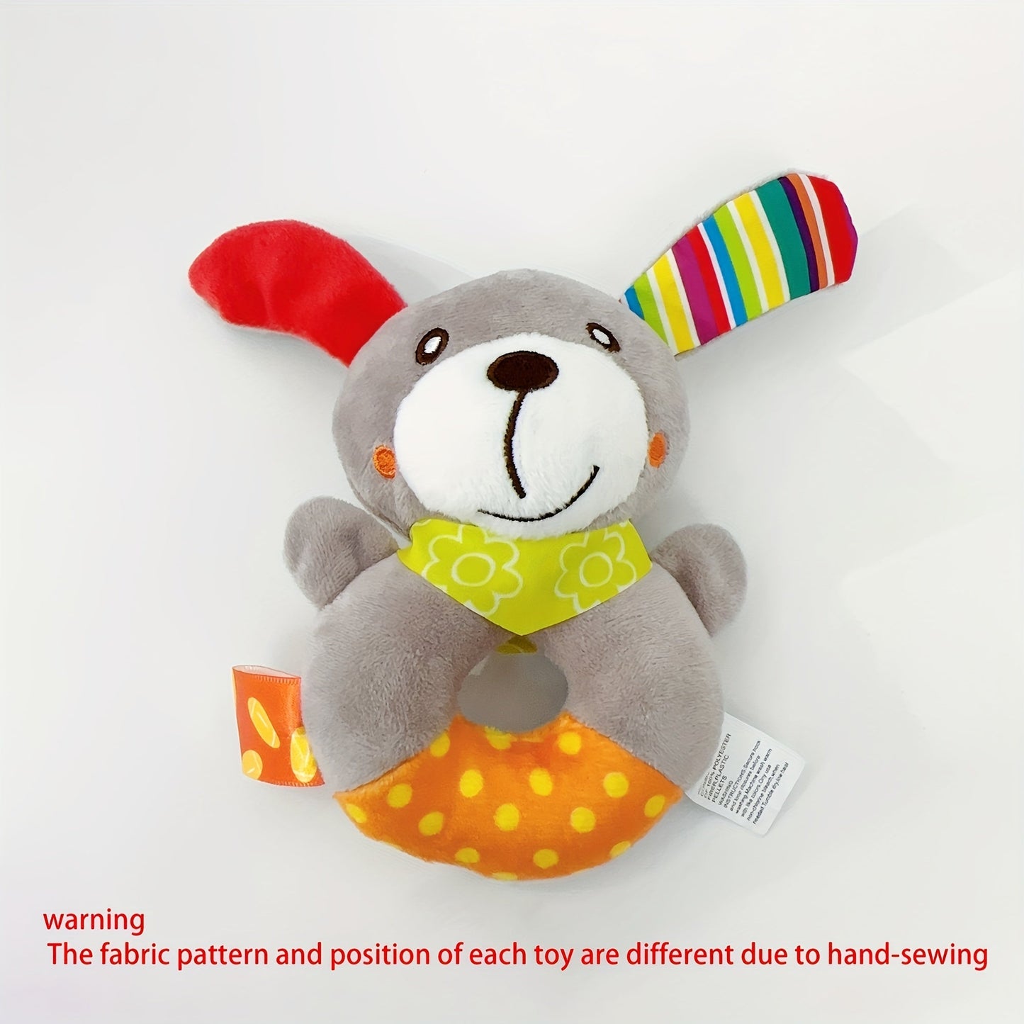 Round hand rattle baby toy with adorable cartoon animal design, a plush and cute option for your little one.