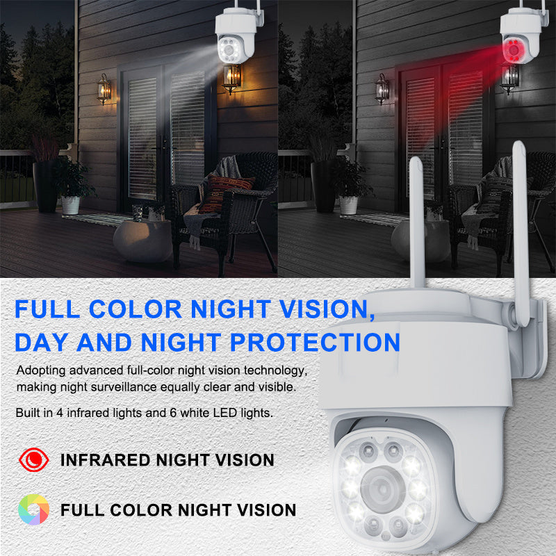 A high-quality wireless outdoor security camera for home protection, featuring 1080p HD resolution, full color night vision, two-way audio, smartphone app control, motion and audio alerts. This camera offers panoramic surveillance with 355° horizontal