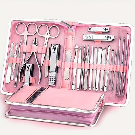 Nail clipper kit with 26 pieces for men and women, includes ear spoon and nail files.