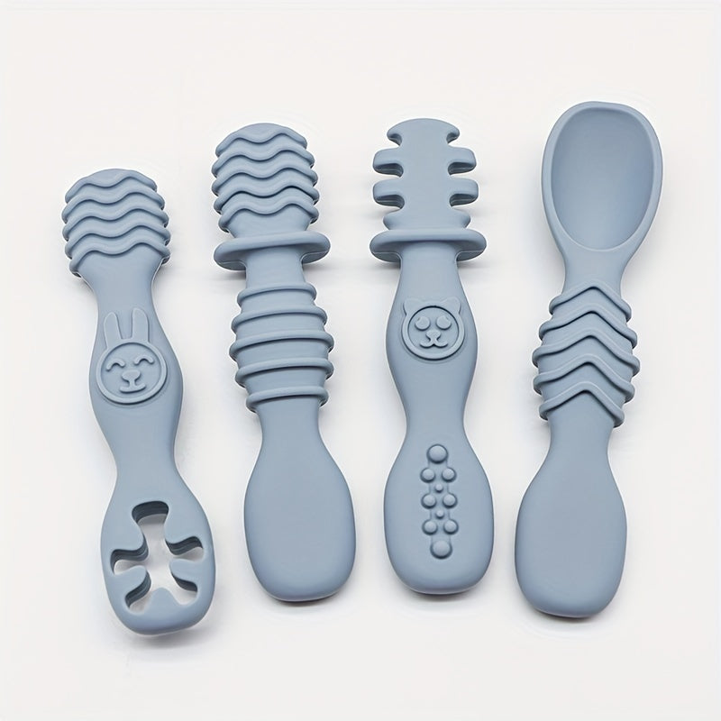 4-piece silicone spoon set for children 6+ months, chewable and soft-tipped, BPA-free and dishwasher safe