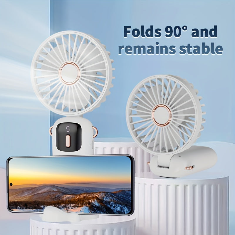 1 Piece of Portable Handheld Fan with LED Display, Foldable 90° Table Fan, 5 Speeds, Rechargeable Lithium Battery, USB Charging, Suitable for Indoor and Outdoor Use.