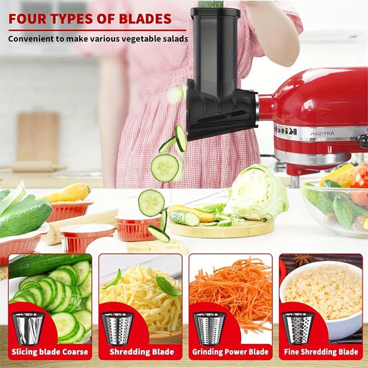 1 piece of slicer/shredder accessory designed for KitchenAid desktop blender. This accessory is suitable for slicing and grating cheese, as well as shredding vegetables for salads. It comes with 4 blades but is not recommended for cleaning in the