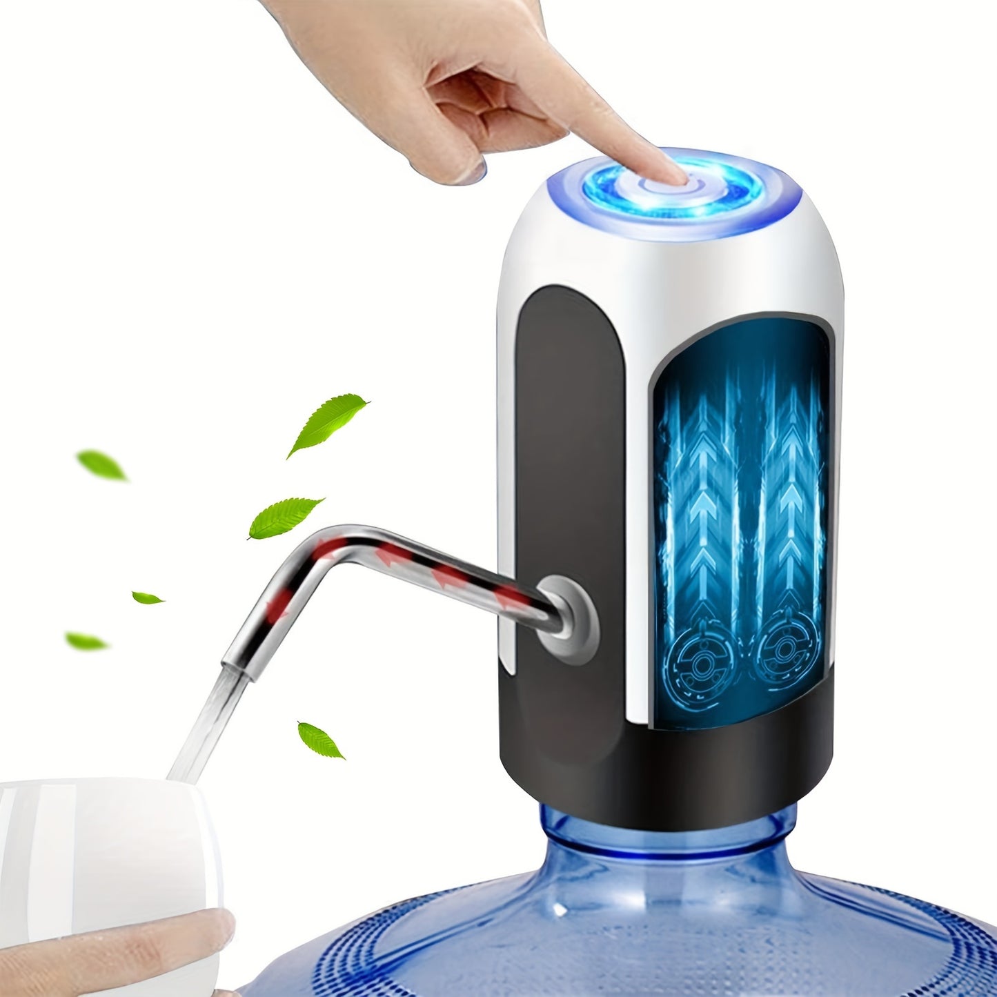 USB rechargeable water pump for 7.57-18.93 L jugs, with digital display. White and blue design, perfect for home, office, and camping.