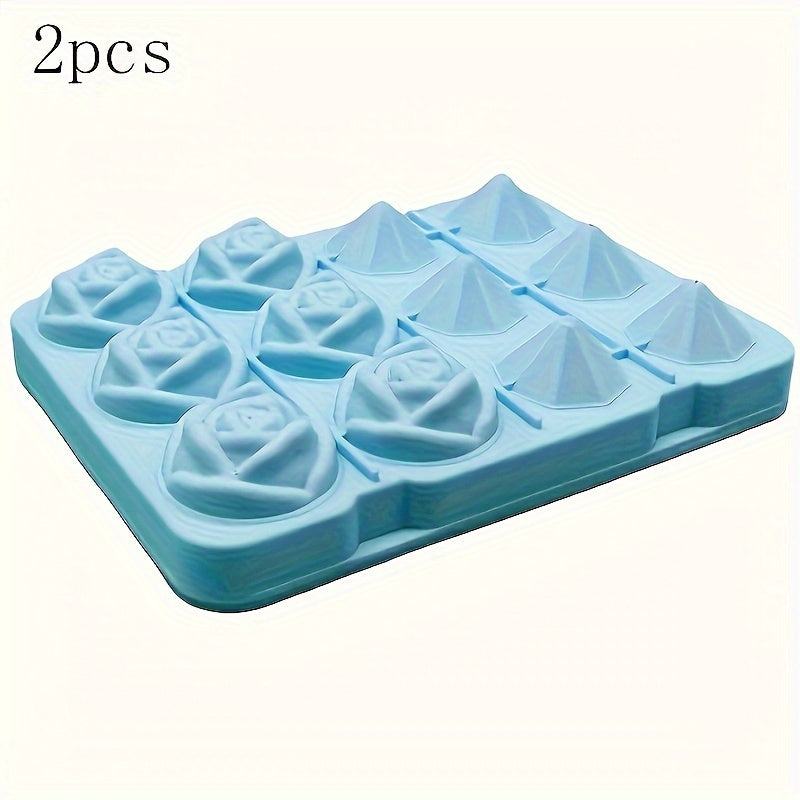 Ice Cube Mold Set - Includes 2 Silicone Trays with Rose and Diamond Shapes. Perfect for making ice cubes, chocolates, puddings, jellies, candies, and whiskey cubes. Great for freezer cocktails and a must-have for any kitchen or apartment. Essential for