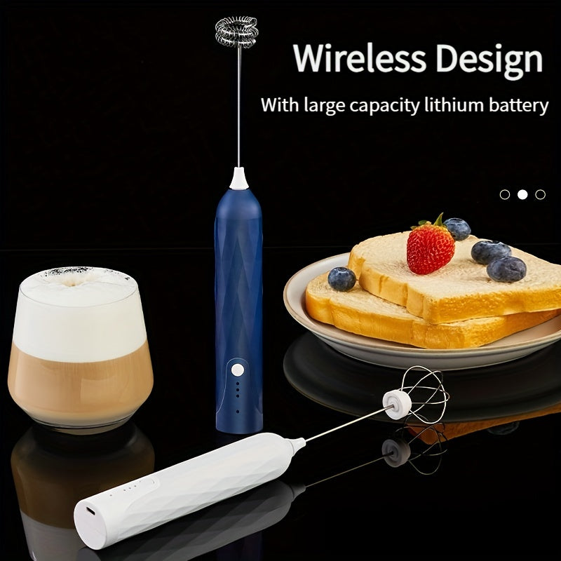 The Portable Electric Egg Beater features a 3-Speed USB Milk Frother and Hand Held Coffee Whisk. This Stainless Steel Kitchen Gadget includes a Built-in Lithium Battery with a Rechargeable 600mAh capacity, perfect for Smooth Frothing.