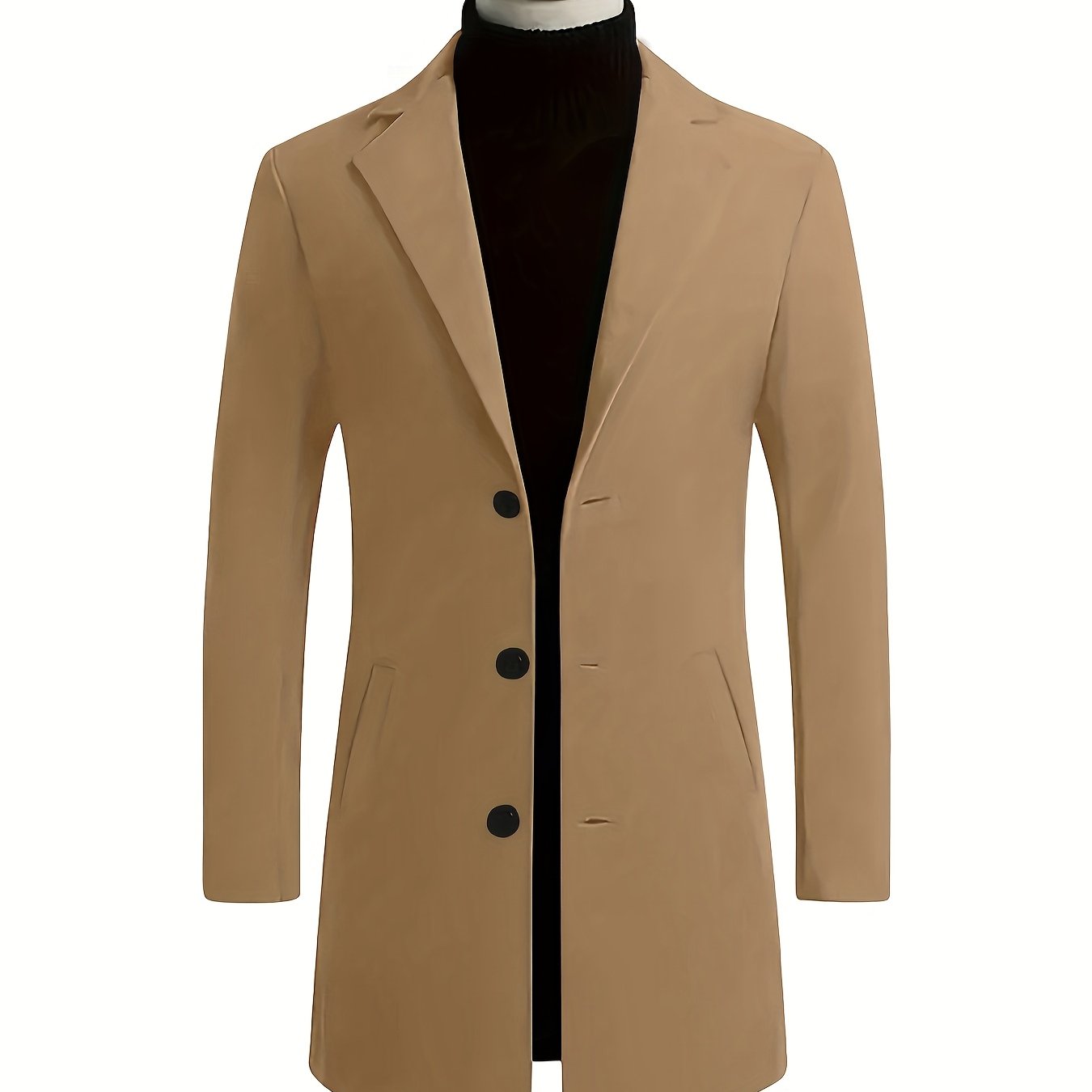 Men's Fall/Winter Polyester Coat with Solid Color, Long Sleeve Lapel Work Jacket, Button Details, Non-Stretch Woven Fabric, Regular Fit.