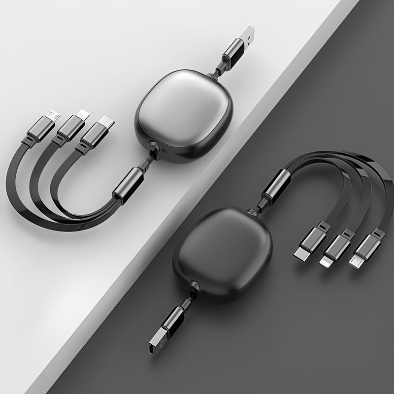 3-in-1 retractable USB charging cable for fast charging up to 100W. Compatible with iPhone 13/14/12/11/X, Huawei, and Samsung. Supports data synchronization at 480Mbps and USB power supply