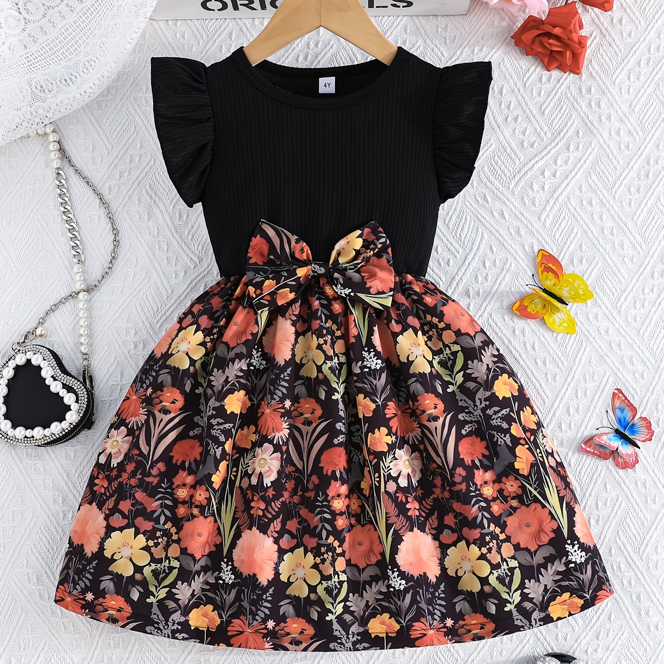 Black Polyester A-Line Midi Dress with Floral Print, Ruffle Sleeves, and Bow Detail for Girls, Ideal for Spring/Fall Outdoor Activities