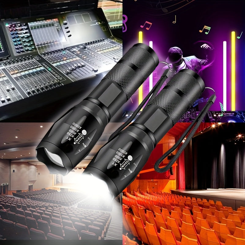 2 LED zoomable flashlights made of bright aluminum alloy for camping, hiking, fishing, emergencies. Batteries not included.