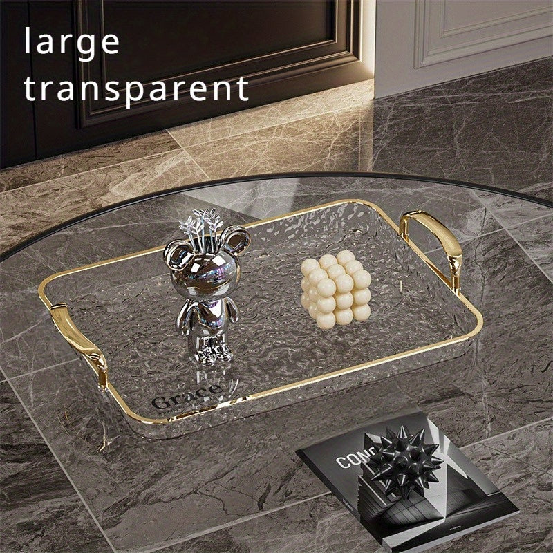 Golden-rimmed rectangular trays set, large PTE transparent platters with handles, ideal for fruits, snacks, pastries. Perfect for parties and festivals.