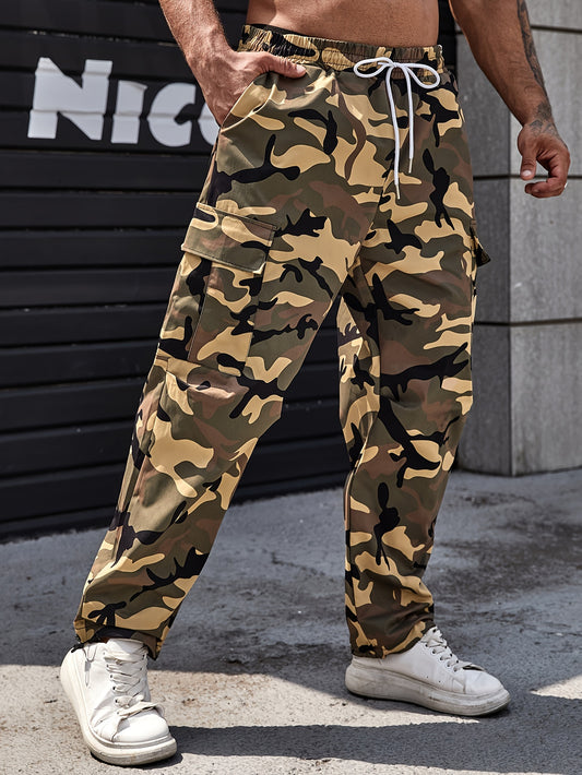 Men's plus size camo cargo pants, made of durable polyester with drawstring waist and multi-pocket design for outdoor activities.