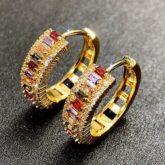 Stylish Channel Set Rectangle Cut Topaz Vice Stone Zircon Hoop Earrings in 18K Gold Plating - Perfect for Women's Bridal Wedding Party Jewelry