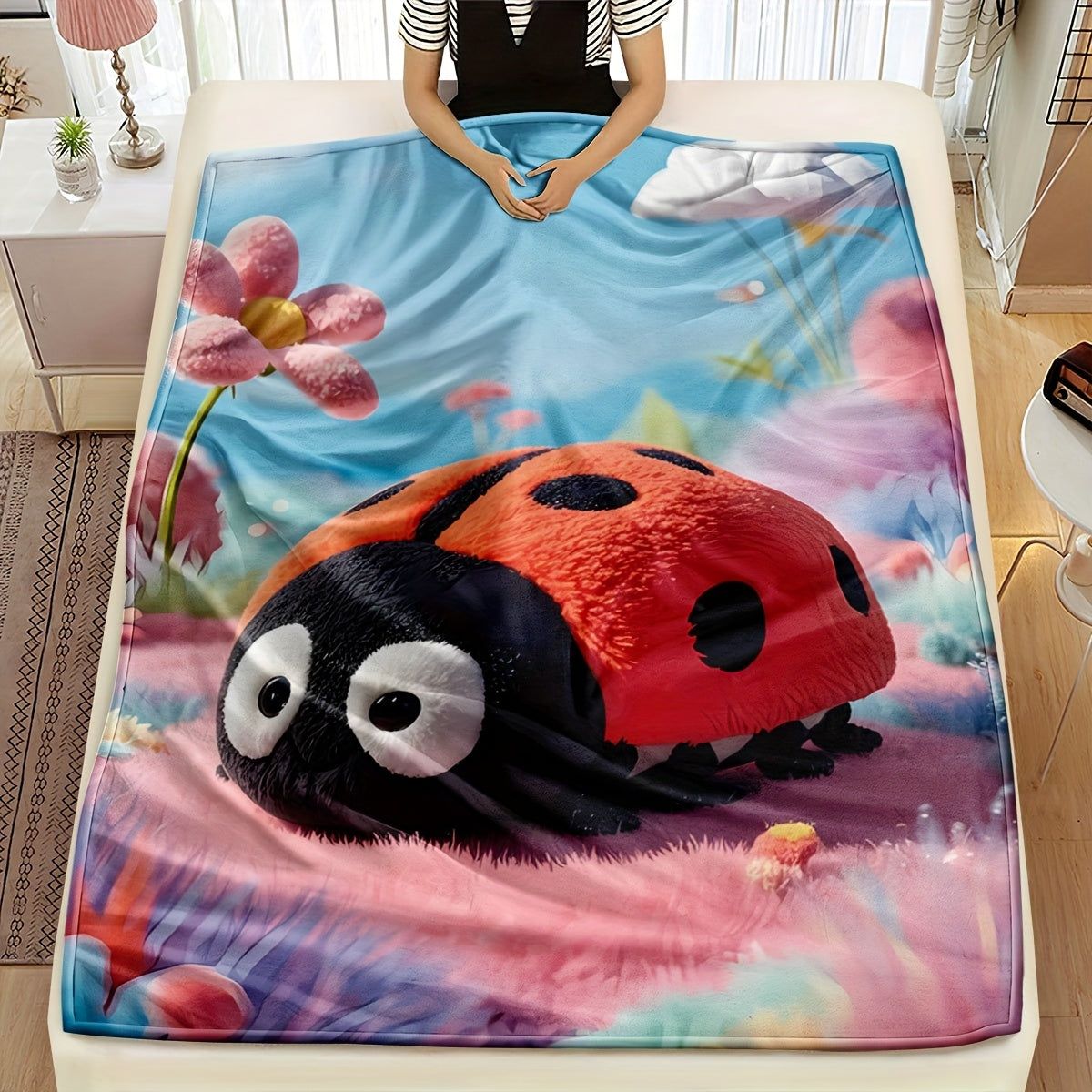 Modern Ladybug Design Plush Throw Blanket - Versatile All-Season Knit Blanket for Home and Travel - Made of Soft Polyester, Easy to Clean and Perfect Gift for Kids