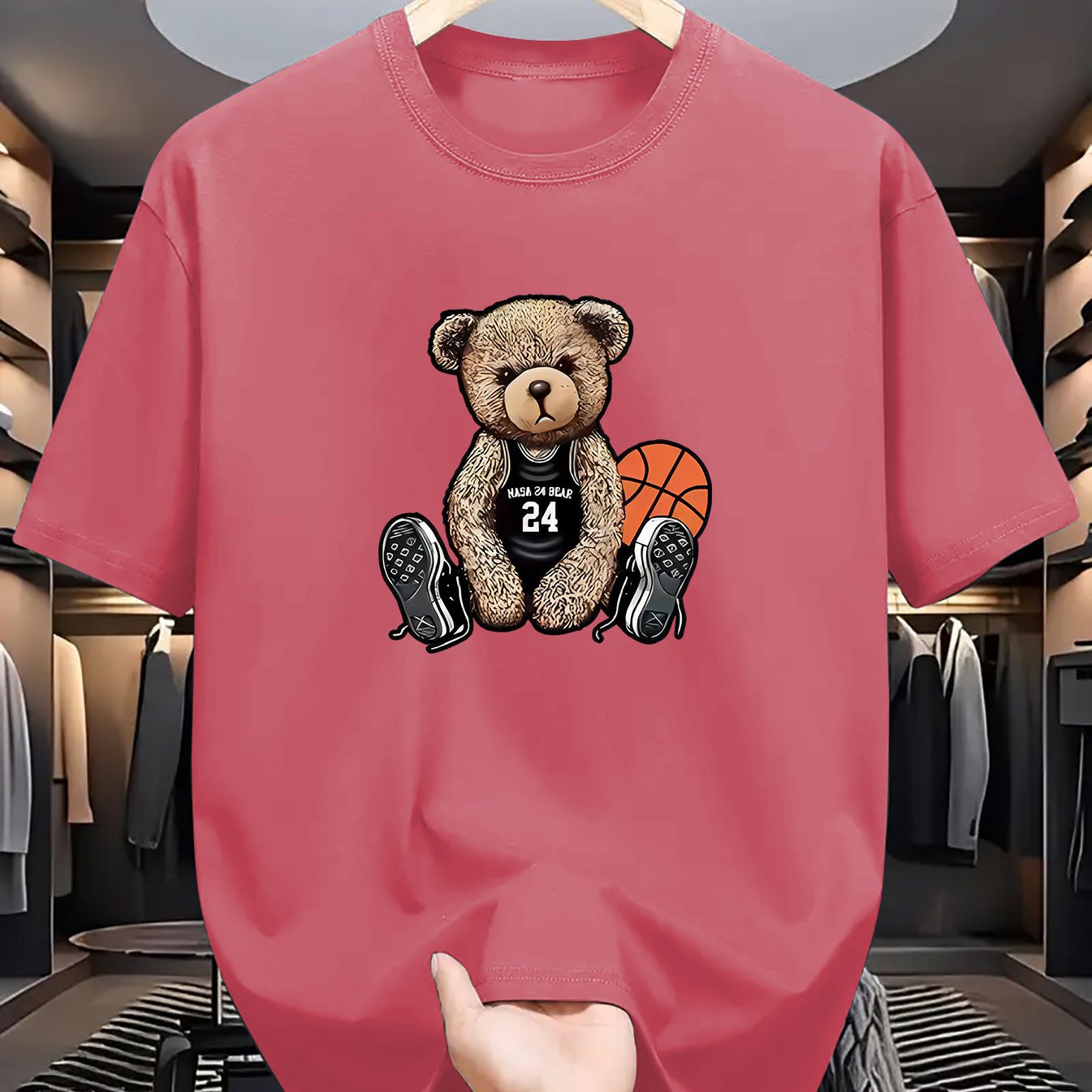 Men's Casual Bear Print T-Shirt: Crew Neck, Short Sleeve, Machine Washable