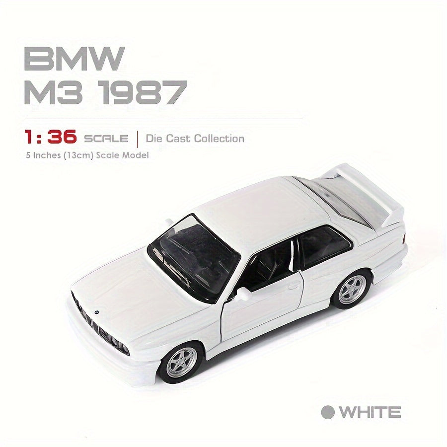 1987 BMW M3 Diecast Model - 1:36 Scale Alloy Toy Car with pull-back action in White/Black, ideal birthday gift for youngsters in winter.