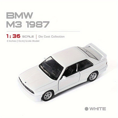 Модель автомобиля 1987 BMW M3 в масштабе 1:36 - металлическая игрушка с функцией обратного хода в белом/черном цвете, идеальный подарок на день рождения для молодежи зимой.