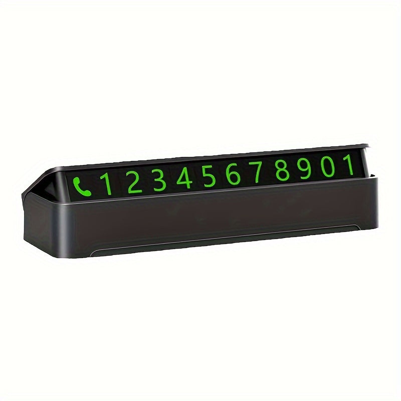 Temporary car parking phone number sign: Decorative plastic accessory for mobile phone with movable card for car interior.