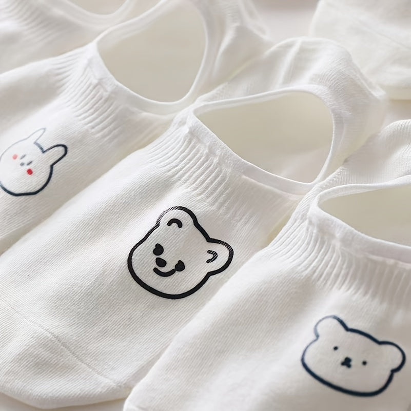 10 pairs of women's low-cut invisible socks with cartoon designs, non-slip and short.