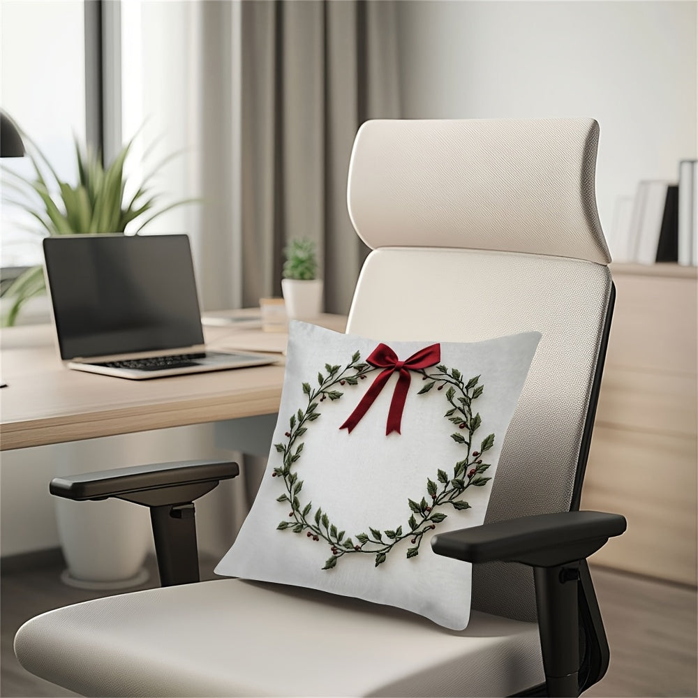 Embroidered Mistletoe Wreath Pillow Cover, made of 100% Polyester. Features Square Zippered Cushion Case, Double-Sided Short Plush. Machine Washable. Perfect for Christmas & Easter Decor. Suitable for age 14 and up. Pillow not included.