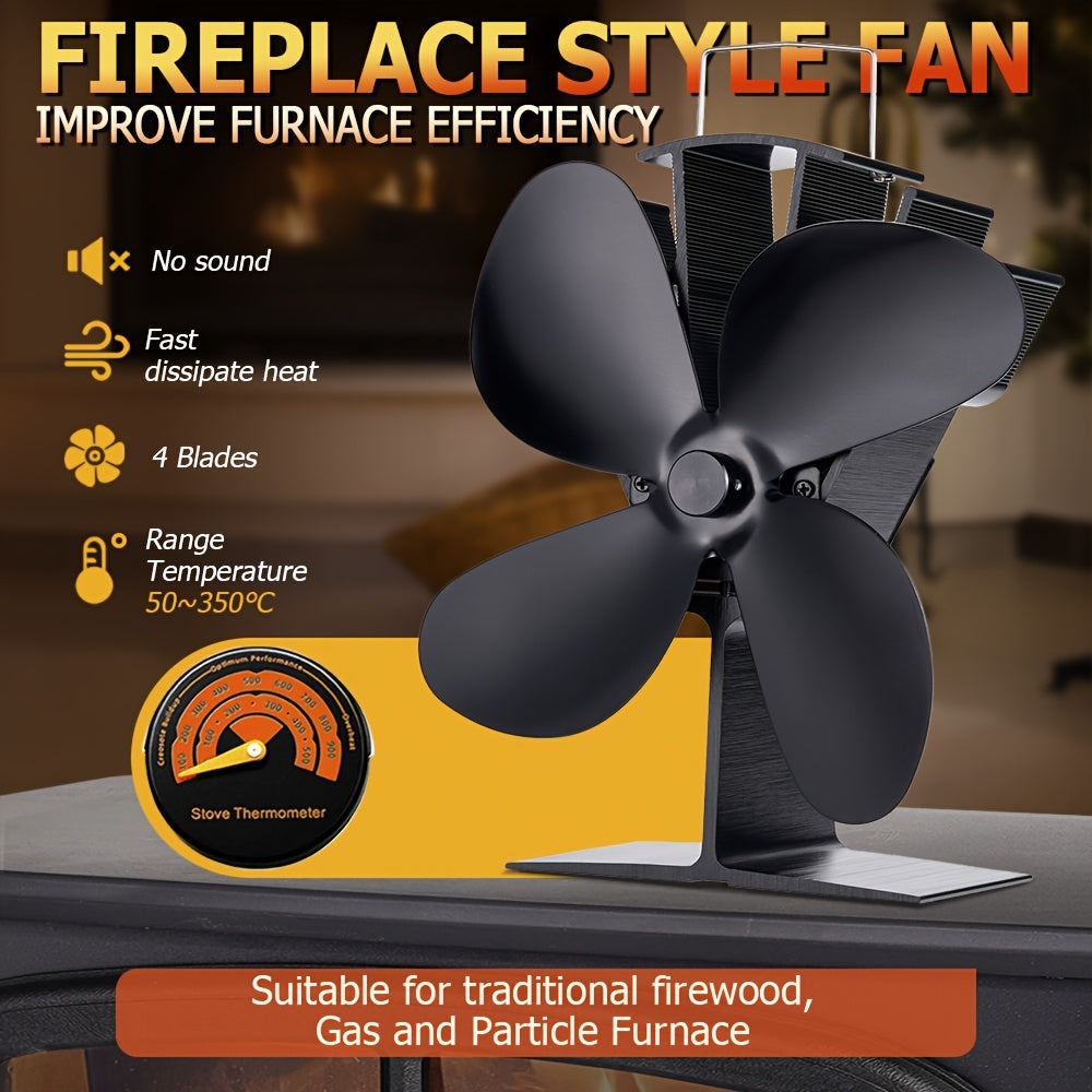 Efficiently Circulate Heat with this 4-Blade Portable Fireplace Fan featuring a Thermometer. No Electricity Required, making it the perfect eco-friendly option for Traditional Firewood, Gas, and Particle Fireplaces. This Metal Table Fan is Quiet and