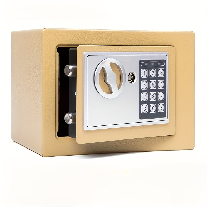 Compact digital safe with password lock, suitable for home and office use. Can securely store jewelry and cash. Offers dual power supply options - battery or USB.