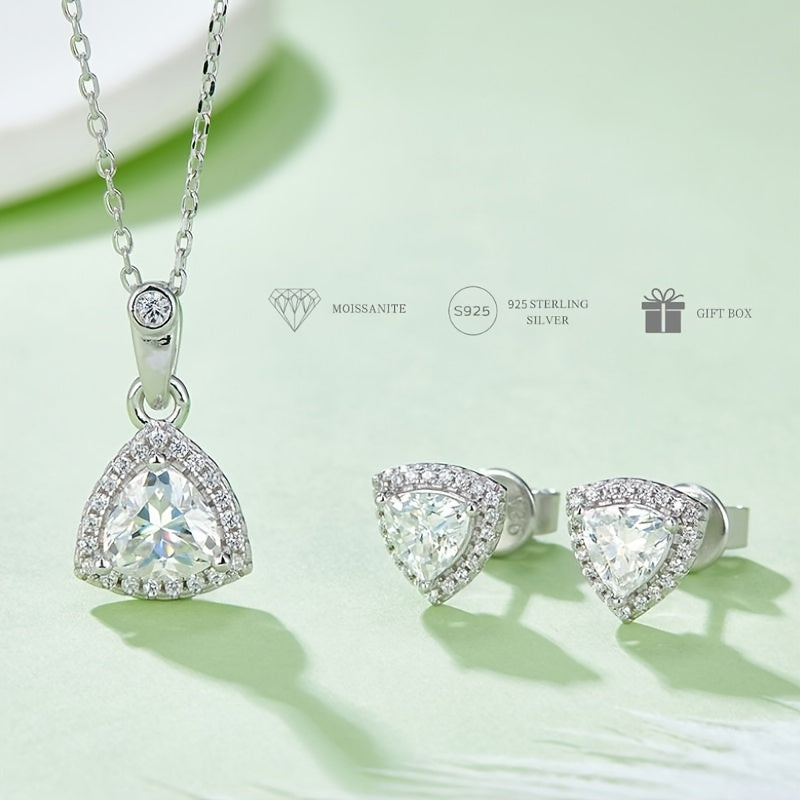 Sleek and sophisticated S925 silver-plated triangle pendant necklace and earring set adorned with sparkling moissanite gems. The perfect choice for an elegant party or birthday gift for teenage girls. Also ideal for holiday or party decorations, bridal