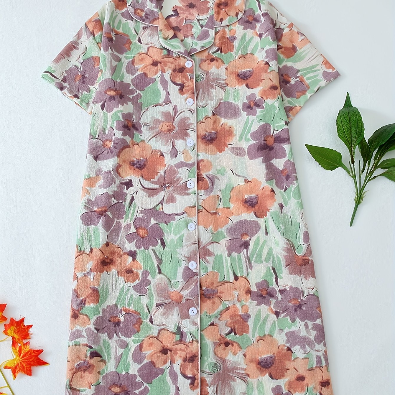 Plus Size Floral Print Boho Sleep Dress with Button Up, Short Sleeves