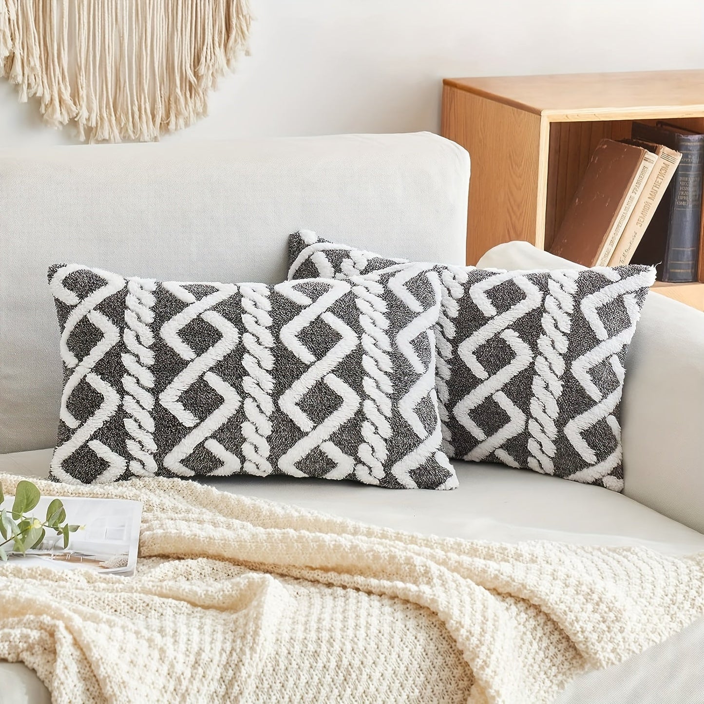 Soft plush geometric pattern throw pillow cover with a cozy and modern decorative cushion case featuring a zipper closure. Made of machine washable polyester in a blue and white herringbone design, perfect for use on the sofa or in the bedroom. Ideal for