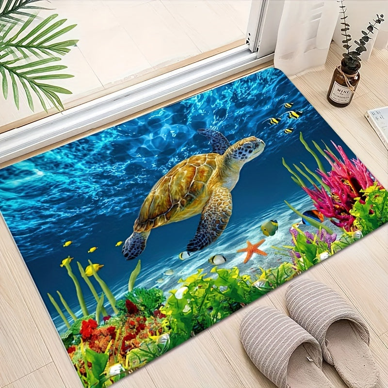 Soft Non-Slip Bath Rug featuring a Sea Turtle Pattern, Absorbent Carpet for Home Living Room Bathroom. Funny and Stylish Home Decor Accessory.